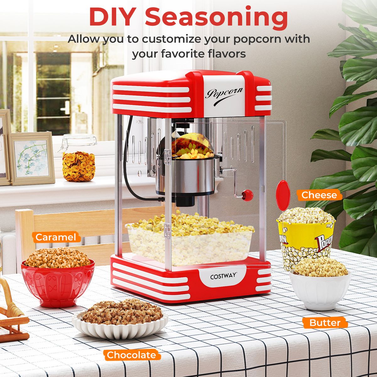 Coast Popcornmachine - retro bioscoopstijl - warmhoudlamp - handmatige bediening - rood/wit