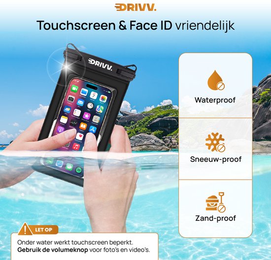 Drivv Luxe Waterdicht Telefoonhoesje 2-in-1 - Drijvend - Dubbele Klipsluiting - Voor Telefoons tot 7 Inch - Zwart