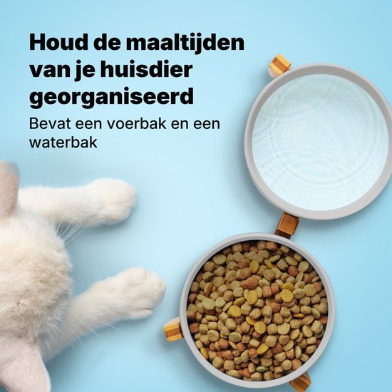 Jake and Jacky Voerbak Kat en Hond Keramiek - Voerbakken Dubbel met Standaard - Drinkbak - 2x 400 mL - Grijs