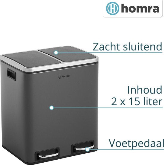 Homra BLINQ Afvalscheiding prullenbak met 2 vakken - 2 x 15 L inhoud - Duo pedaalemmer Grijs - Afvalemmer 30 Liter - Recycle Afvalbak - Grijze Afvalscheidingsprullenbak - Hygiënisch Afval Scheiden - Keuken Vuilbak - Kantoor
