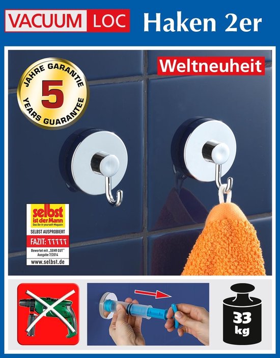 WENKO Vacuum-Loc Handdoekhaken 2 Stuks chroom - Wandhaak - Handdoekhouder - Handdoekhaakjes - Bevestigen zonder boren