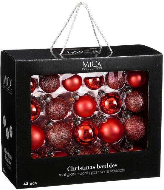 Mica Decorations Kerstballenset 42 Stuks - Kerstballen voor een Sterke Basis - Kerstversiering met Mat, Glans en Glitter - Piek in Meerdere Formaten - Ø7 cm - Rood