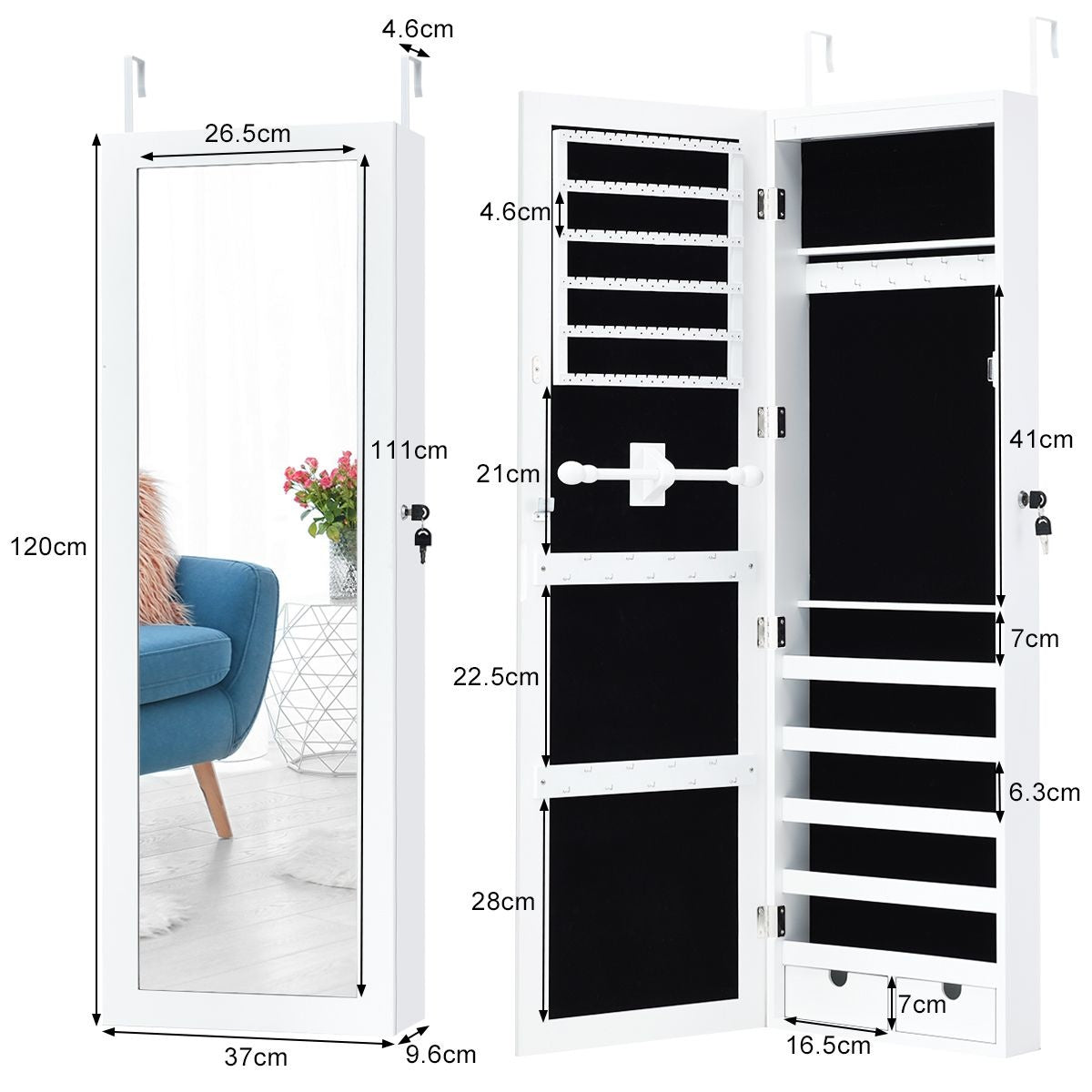 Coast Sieradenkast Met 15 LED-lampjes Juwelendoos Met Grote Spiegel - 37 x 9,6 x 120 cm - Wit