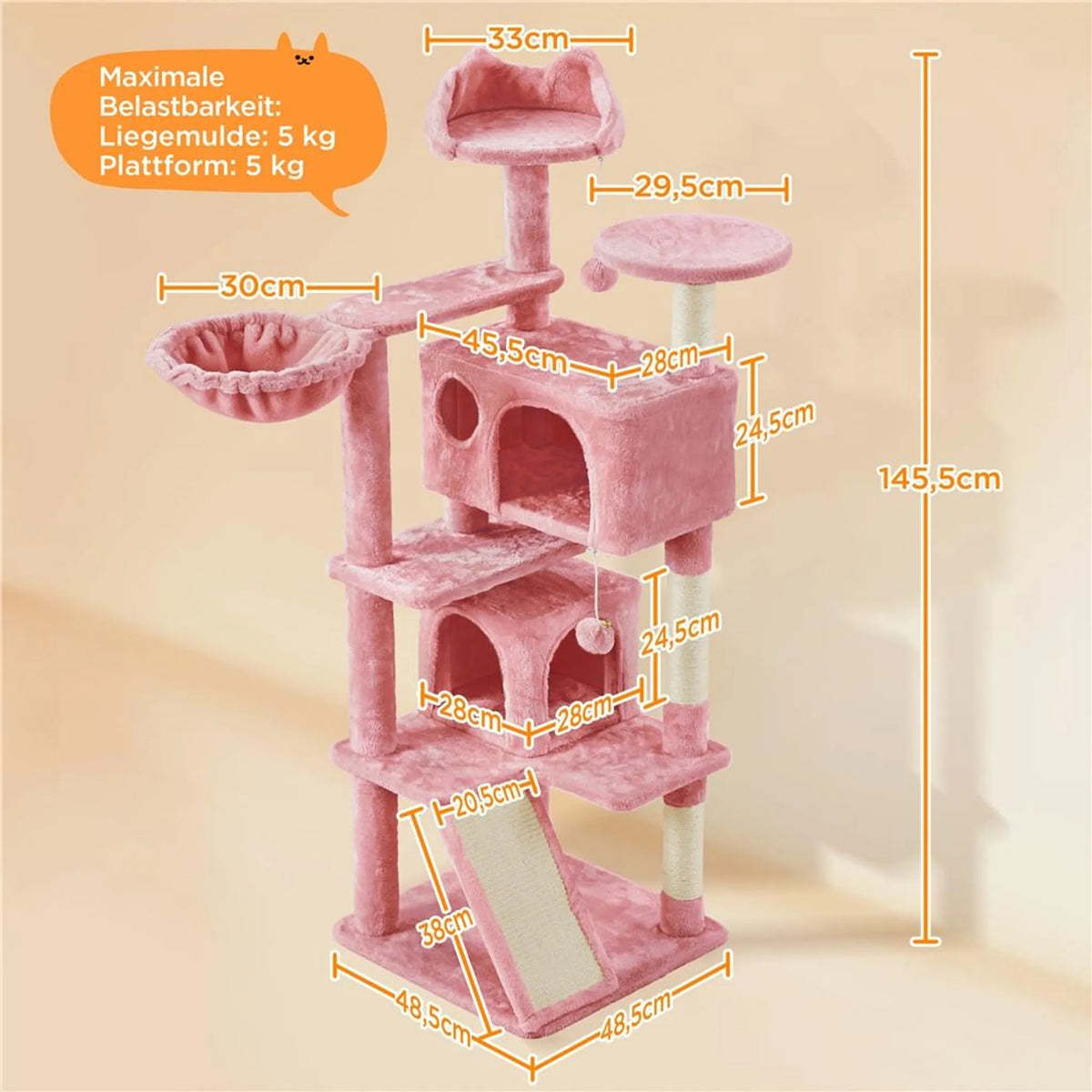 Yaheetech Grote Krabpaal met 5 Verdiepingen 146 cm – Sfeervol Roze – Sisal en Pluche