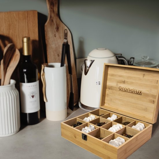 Grandlux Theedoos 12 Vaks – Ruime Vakken voor Pickwick, Pukka, Twinings, Clipper – 100% Bamboe – Thee Organizer