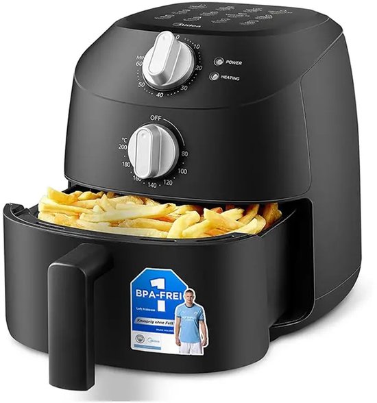 Midea Air fryer MF-TN20D2 - 2L, 1150 W Airfryer, Frituren zonder olie, Heteluchtfriteuses, Automatische uitschakelfunctie, Olievrij, Gemakkelijk schoon te maken, BPA-vrij, Zwart