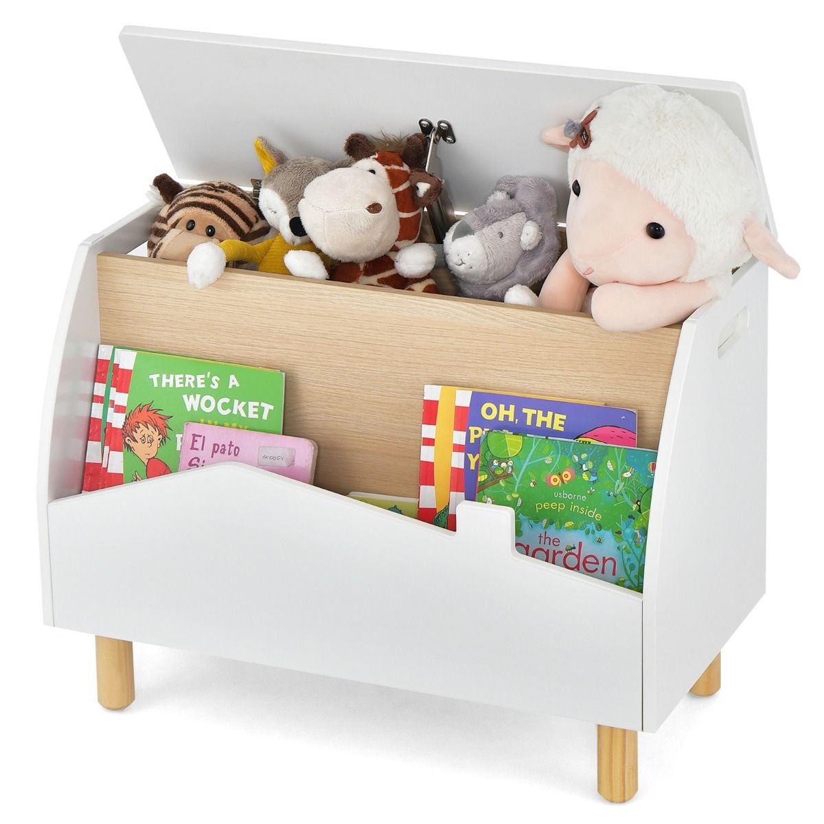 Coast Houten Speelgoedkist met Plank - Veiligheidsscharnier - Handgrepen - Wit 60 x 33 x 44 cm