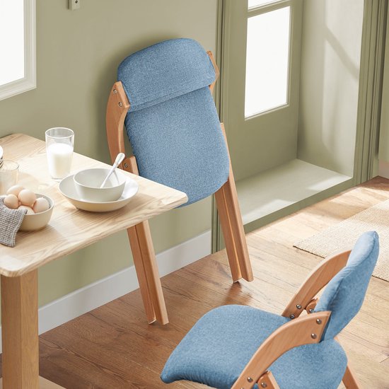 SoBuy Houten Klapstoel met Gestoffeerd Zitkussen, Bureaustoel, Eetkamerstoel, Natuur/Blauw, 47.5x77x59 cm, FST92-BL - voor eetkamer, balkon of kantoor