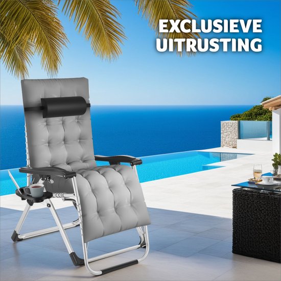 tectake® - ligbed opklapbare ligstoel, tuinligstoel, traploos verstelbaar, buitenfauteuil voor balkon of tuin, ligstoel met extra dik kussen, relaxligstoel belastbaar tot 200 kg (grijs)