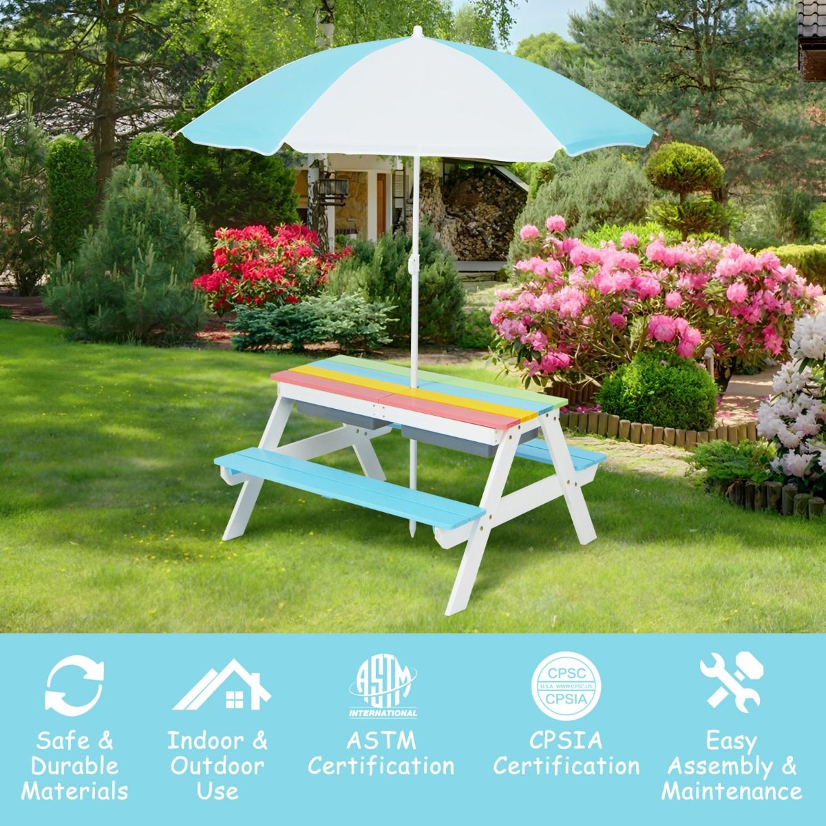 Coast 3-in-1 Kinderpicknicktafelset - met parasol en banken - multicolor