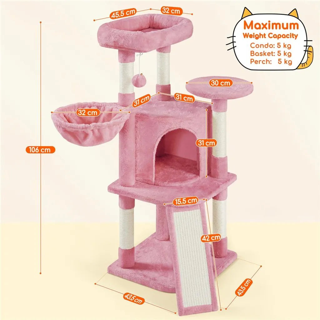 Yaheetech Krabpaal met Kattenhuis en Ligplatform - Lichtroze - 43,5 x 43,5 x 106 cm