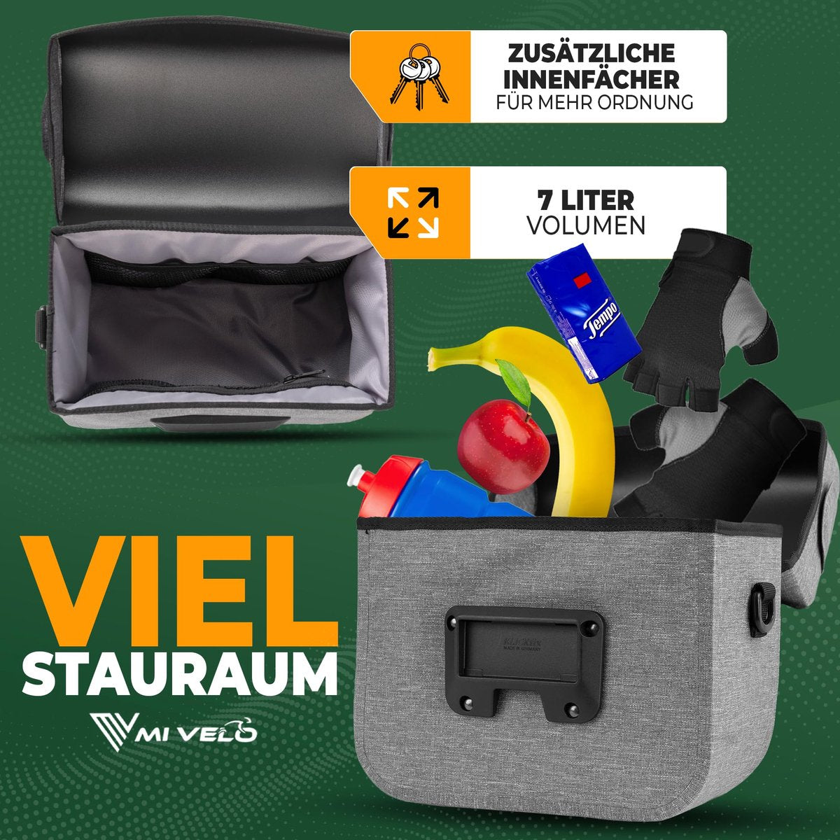 MIVELO Kinderstuurtas KLICKfix – Waterdicht – Mobielvak – Grijs