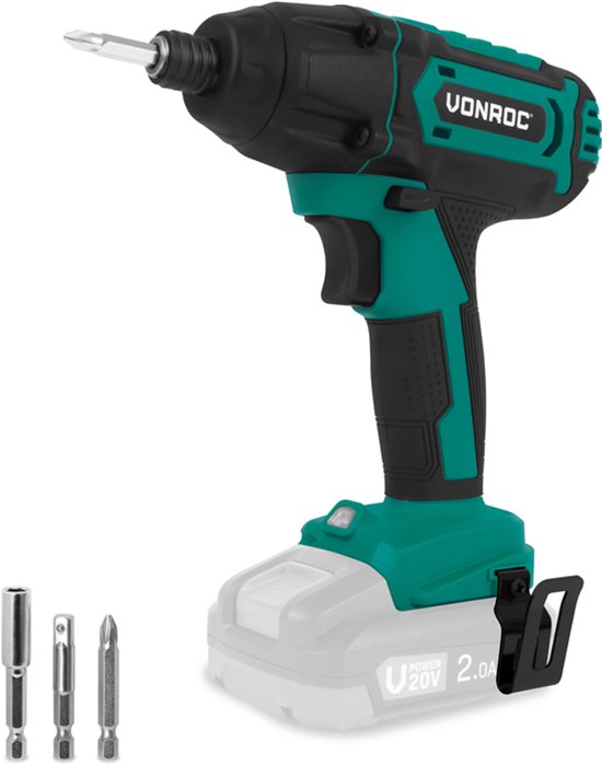 VONROC Accu Slagschroevendraaier 20V – 180Nm – Opname: 6,35 mm ¼” - Incl. Schroefbits, mag-netische bithouder en dophouder - Excl. Accu en Snellader
