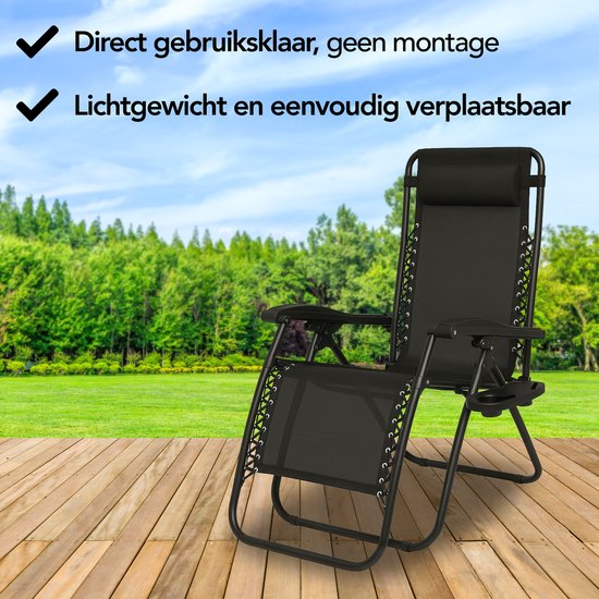Brixy Opvouwbare Tuinstoelen set van 2 - Ligstoelen - Opvouwbaar - Verstelbaar - Ergonomisch Hoofdkussen - Metaal - Textileen - Zwart