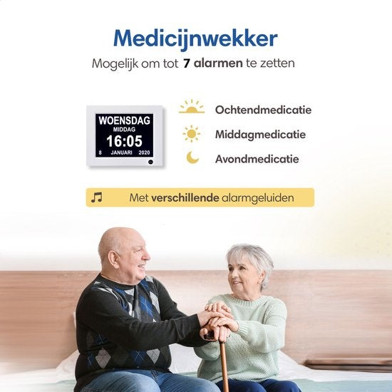 SafeLife Dementieklok XL - Digitale kalenderklok met datum en dag - Medicijnwekker, Alarmfunctie & Fotolijstfunctie - Alzheimerklok / Seniorenklok