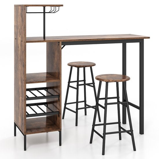 Coast Bartafel met barkruk, set voor 2 personen, met houders voor wijnglazen en flessen, toog voor woonkamer, eetkamer en keuken (koffiekleurig)
