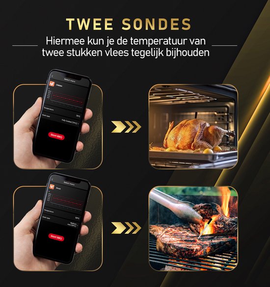 MostEssential Smart Vleesthermometer - Draadloos - 80M Bereik - 36 Uur Werktijd - Bluetooth 5.2 - 2000mAh Batterij - Double Probe Edition