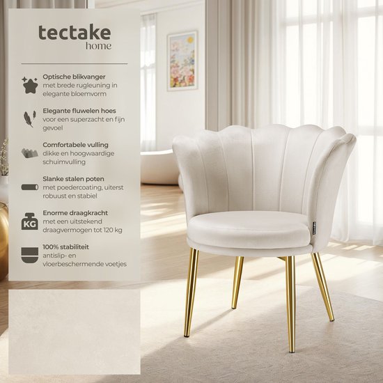 tectake® Fauteuil Stella - Kuipstoel met armleuning – Comfortabele Eetkamerstoel – Keukenstoel – Dikke vulling – Voor woonkamer en eetkamer – Met fluwelen bekleding - crème/goud