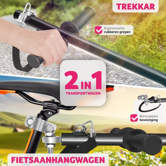 tectake® 2-in-1 fietskar - Bagagekar en duwwagen - Aanhangwagen voor fiets, mountainbikes en eBike - Transportwagen met trekhaak - Met zeildoek en luchtbanden - Belastbaar tot 50kg