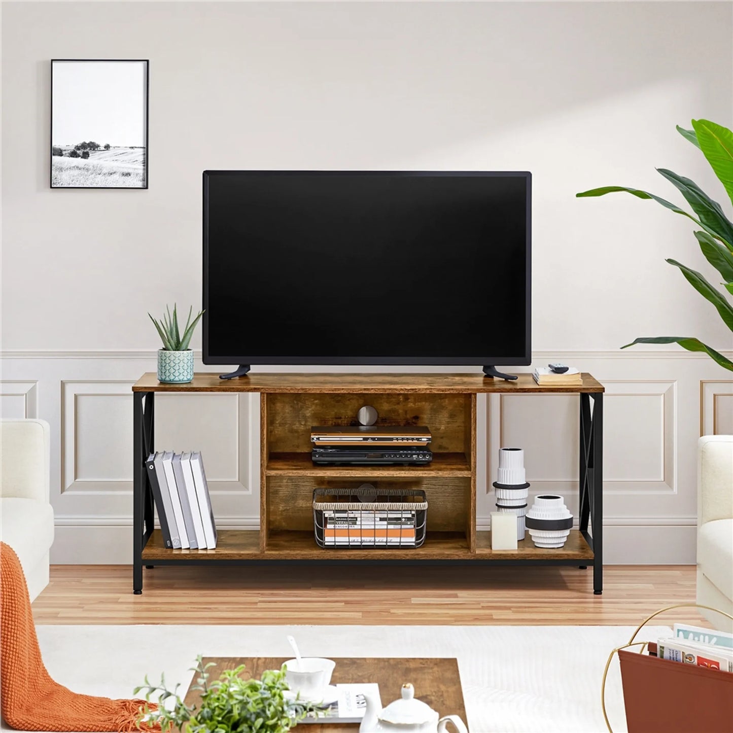 Yaheetech Tv-meubel 106 x 40 x 50,5 cm - Roestbruin - Industrieel - Open Opbergvakken - 40 kg