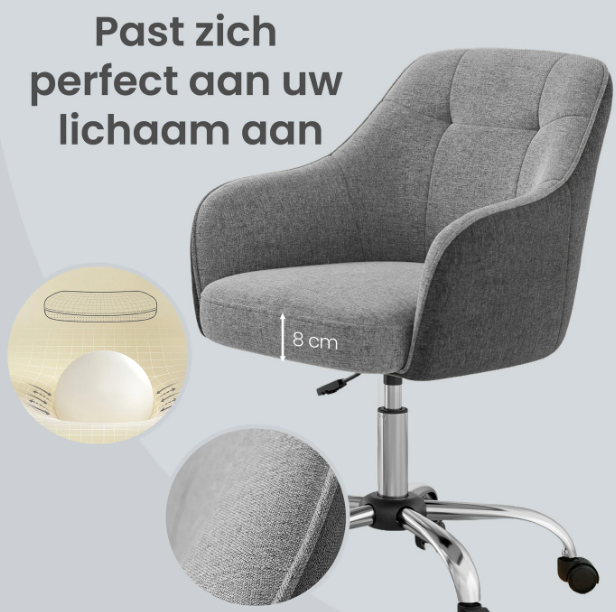 JOYFURNOS Draaistoel Grijs Linnen-look Hoogte Verstelbaar 86-96 cm