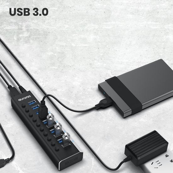 Auronic USB Hub 3.0 - USB Splitter met 10 Poorten - met Voeding - 5 GBPs - Led Indicatie - Zwart
