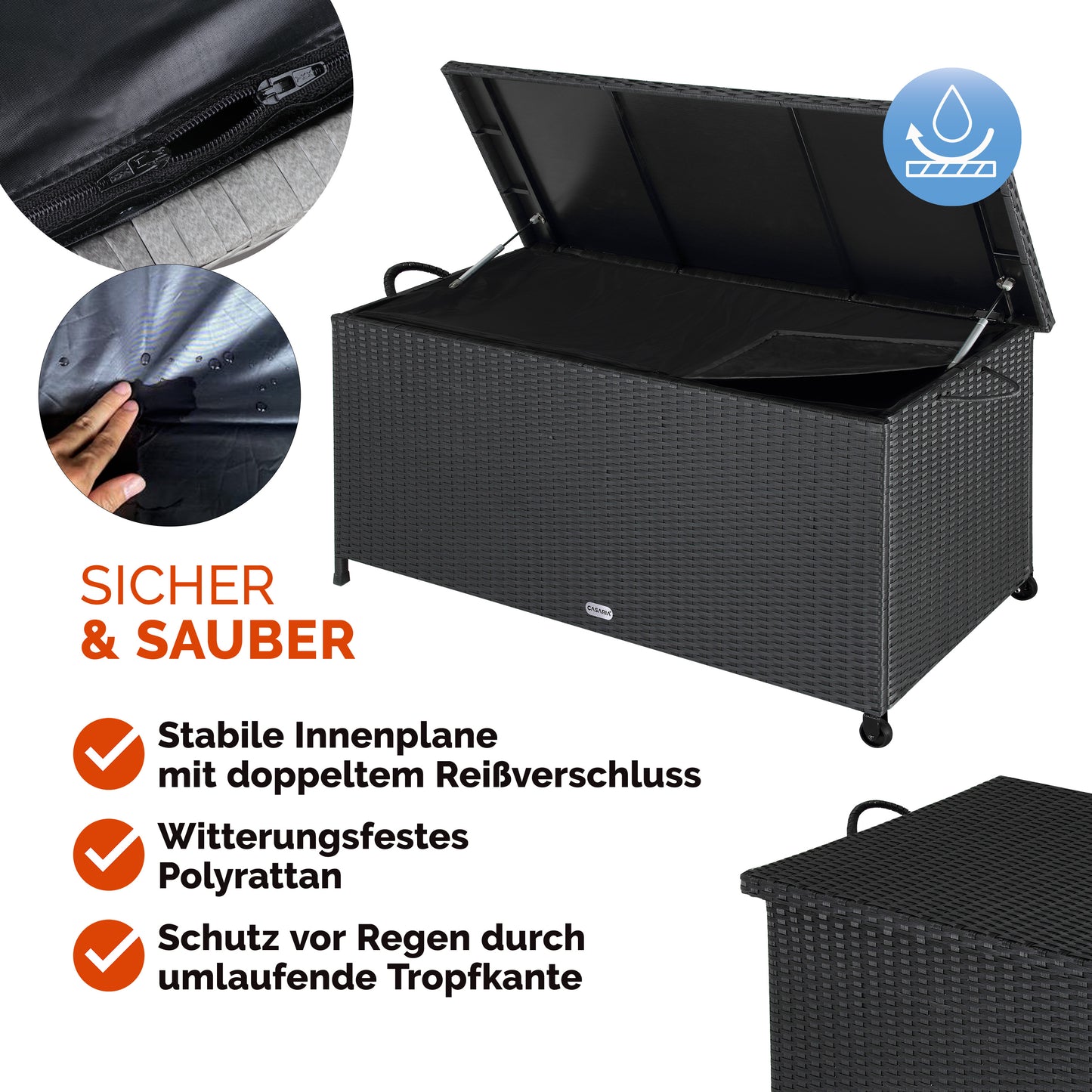 Casaria Polyrotan Kussenbox – Voorzien Van Twee Gasdrukveren En Waterdichte Binnenvoering En Twee Wielen – Voor Zitkussens En Tuinaccessoires – Zwart Gepoedercoat Staal – Honderdzeventien Lang En Drieënvijftig Breed En Zestig Hoog cm