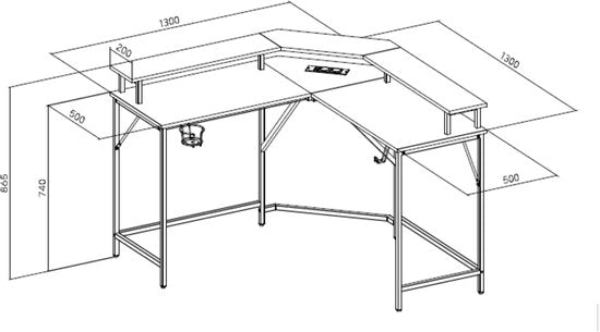 Hoekbureau - game bureau - L vormig bureau - USB en USB C poort en stroomsnoer aansluiting in bureaublad - LED verlichting - 130 x 130 x 50 cm bureaublad