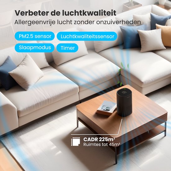 Auronic Luchtreiniger Fresh - Met HEPA 13-filter - 225 m³/u - 45 m² - Koolstoffilter - 3 Standen - Air Purifier - Zwart