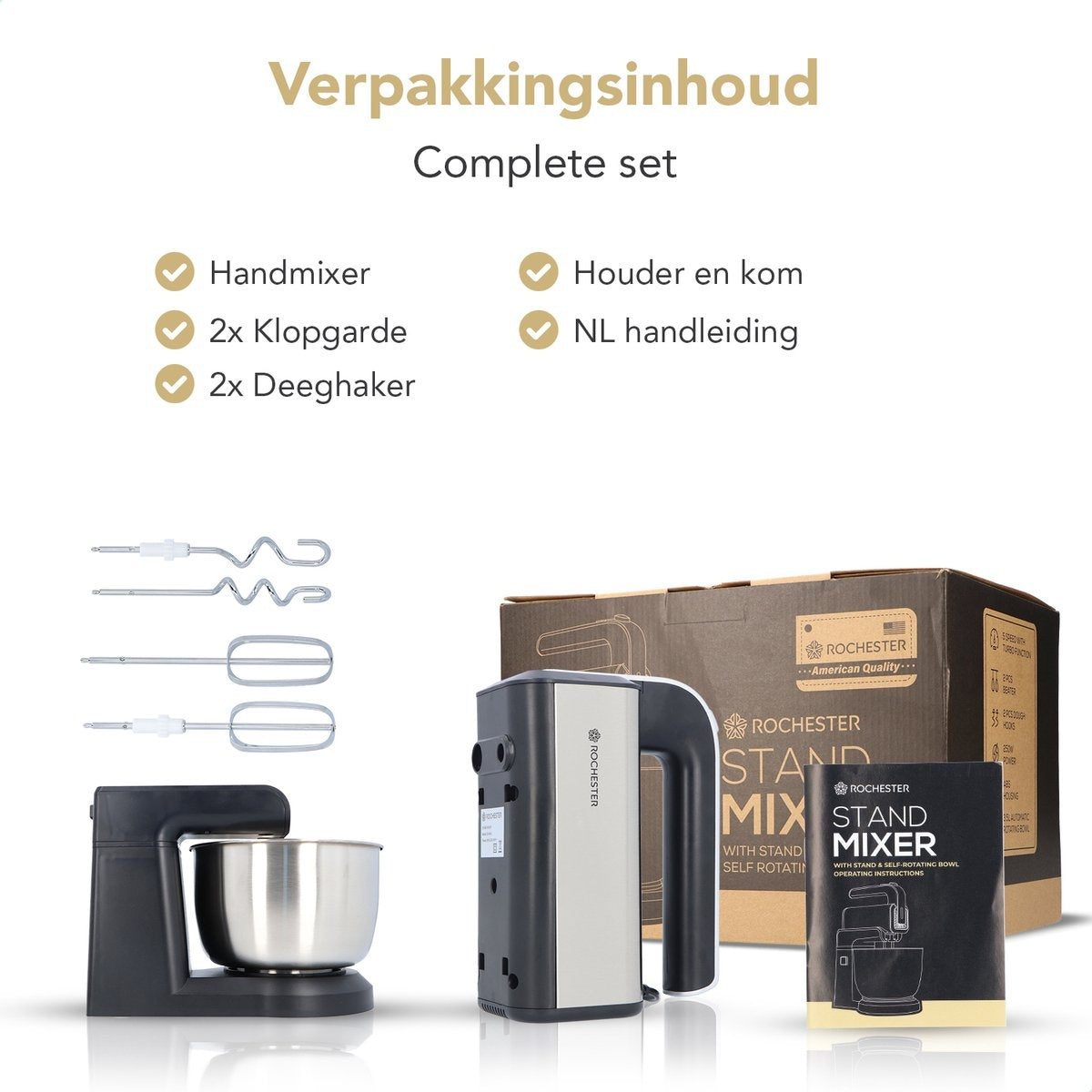 Rochester handmixer met mengkom - Keukenmachine - 5 Snelheden - Mixer Turbo - Incl. Kloppers, Deeghaken - RVS
