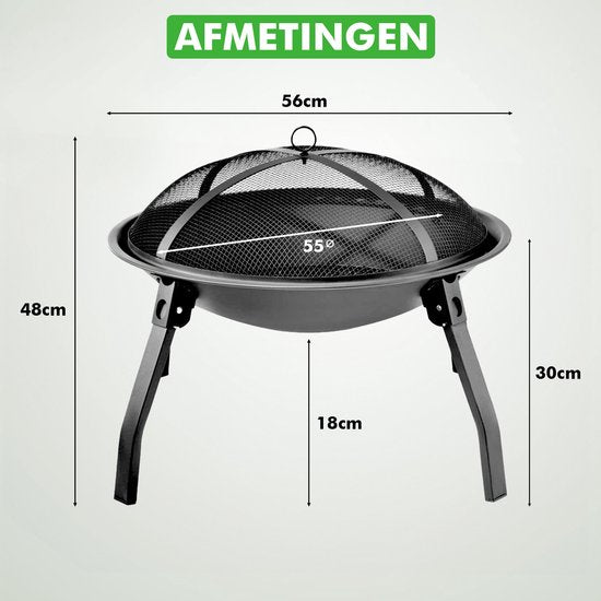 Travelhawk Vuurschaal - Draagbare Inklapbare Outdoor Vuurschaal - Vuurkorf Bbq - Met Vonkenscherm - Kolen of Hout - 55 cm Diameter - Inclusief Deksel, Opbergzak, Vuurpook & Grilrooster