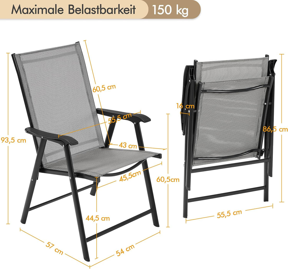Yaheetech Tuinstoelen Set van 2 - Opvouwbare Klapstoelen met Rugleuning en Armleuningen - Bruin - 54 x 57 x 93,5 cm - Belastbaar tot 150 kg