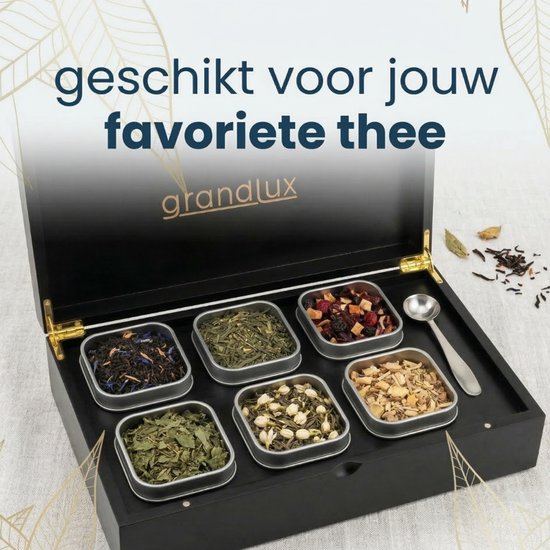 Grandlux Theedoos 6 vaks – Theedoos Losse Thee – RVS Lepel – 100% FSC Bamboe – 6 Theeblikken – Thee Organiser – Theebox – Zwart