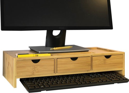 SoBuy BBF03-N Monitorstandaard Bureau-organizer met 3 Laden - Bamboe - 51x12x25cm