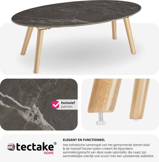 tectake® Salontafel | Woonkamertafel, Ovale Salontafel met Houten Poten | Marmerlook | Weerbestendige Bijzettafel voor Woonkamer, Terras, Tuin of Balkon - naturel