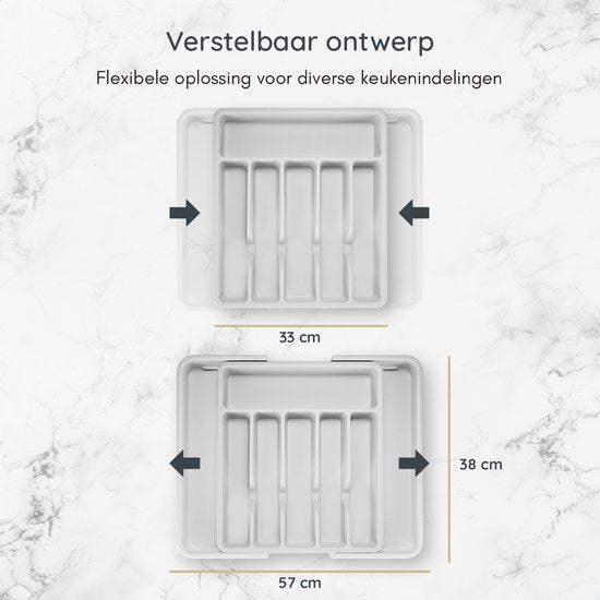 Deleca Uitschuifbaar Bestekbak met 8 Vakken - Besteklade Organizer - Keukenlade Bestek Organiser - Bestekhouder Keuken - 57 x 38 cm - Kunststof / Wit Grijs