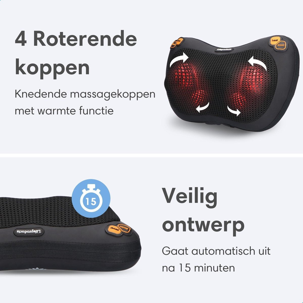 Lifeproducts - Oplaadbaar Shiatsu-massagekussen - Massager met warmtefunctie - Zwart