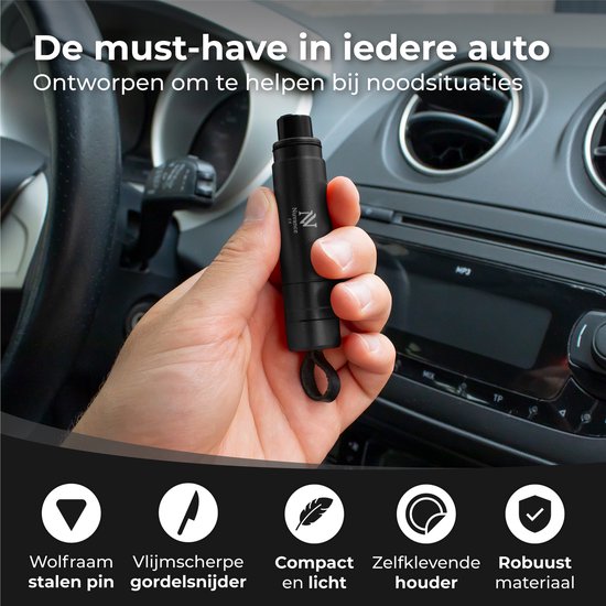 Nuvance Veiligheidshamer - Noodhamer - Incl. Zelfklevende Houder en Testglas - Gordelsnijder - Auto Hamer - Veilig Onderweg - Zwart