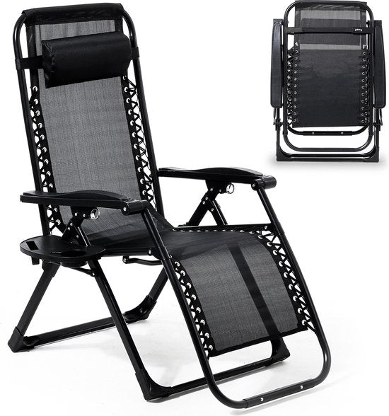 Goliving Opvouwbare Ligstoel - 3 Standen - 110 x 66 x 178 cm - Verstelbare Tuinstoel met Tafel - Inklapbare Campingstoel - Loungestoel Buiten - Vouwstoel Tuin - Zwart
