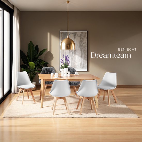 tectake® Eetkamerstoel Frederikke - Set van 4 Eetkamerstoelen met Gevoerde Stoffen Zitting - Massief Houten Poten - Ergonomische Stoelen geschikt voor Woonkamer, Eetkamer, Slaapkamer en Keuken - Draagkracht 120kg - Wit