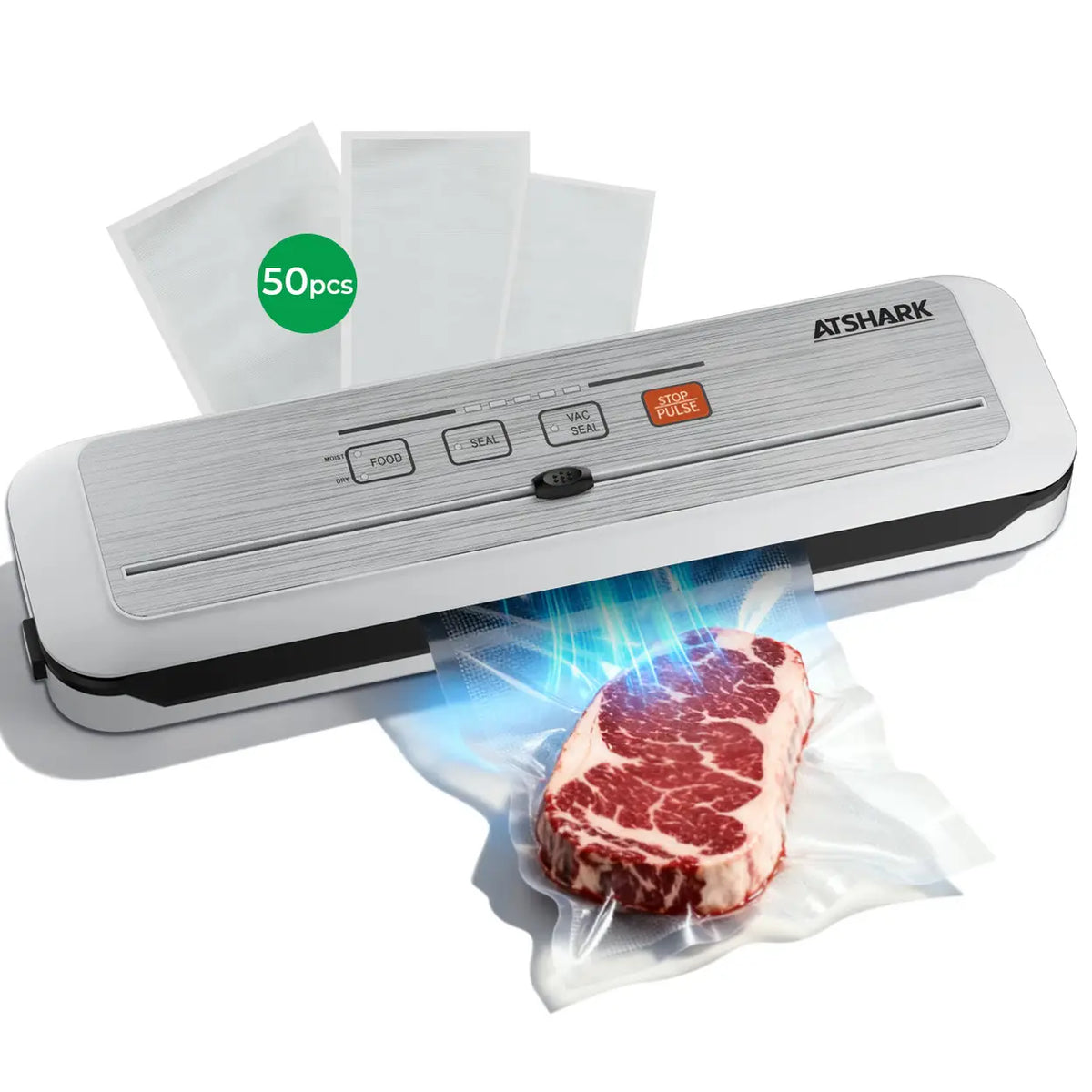 ATSHARK 5-In-1 Vacuum Sealer – High Pressure Touchscreen Design, Fast and Convenient, Includes 50 Vacuum Bags, Ideal for Home Food Preservation, White, VS6621