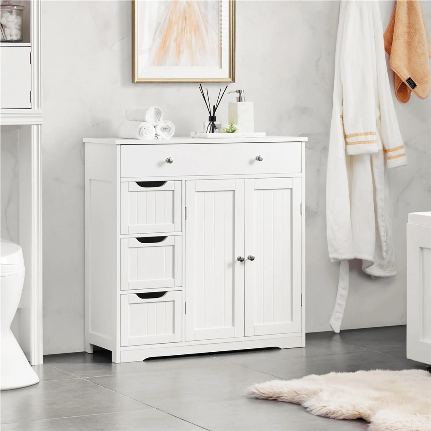 Yaheetech Badkamerkast Met 4 Lades En 1 Kastdeur – Voorzien Van Verstelbare Plank En Anti-kantelset En Waterafstotende Coating – Voor Badkamer En Woonkamer – Wit Mdf – 81 x 30 x 81,5 cm