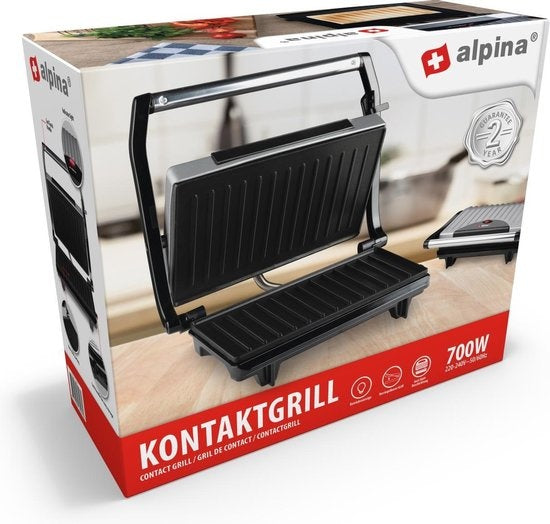 alpina Contactgrill - Tosti Apparaat - Anti-Aanbaklaag - 700W - RVS/Zwart