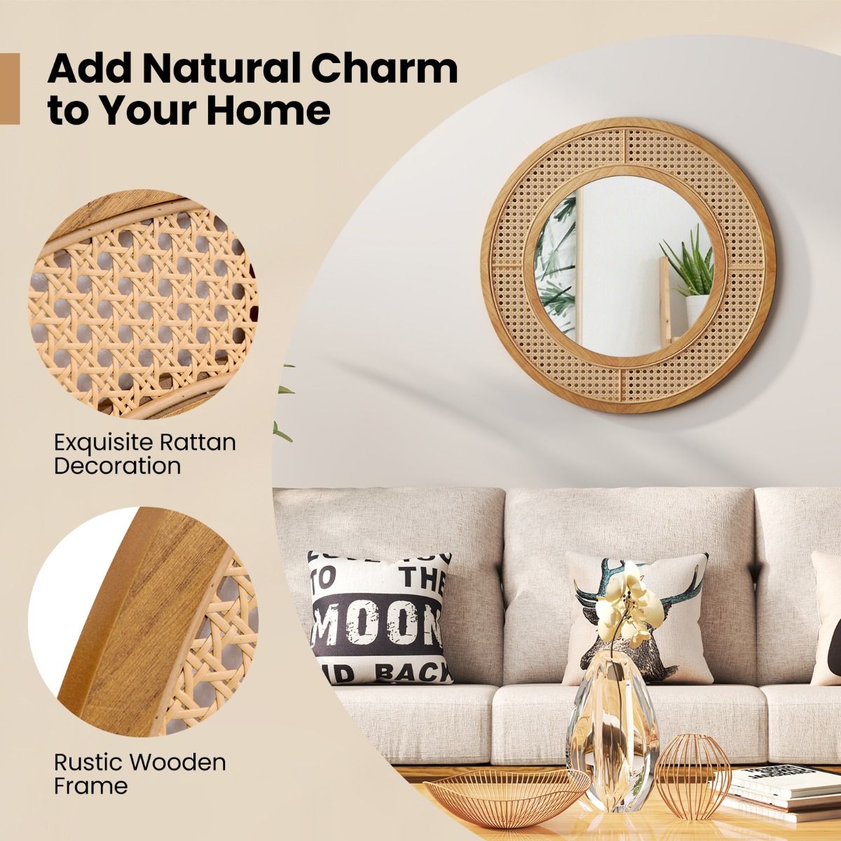 Coast Ronde Wandspiegel - Rotan Decoratie - Houten Frame - 65 cm Natuurlijk