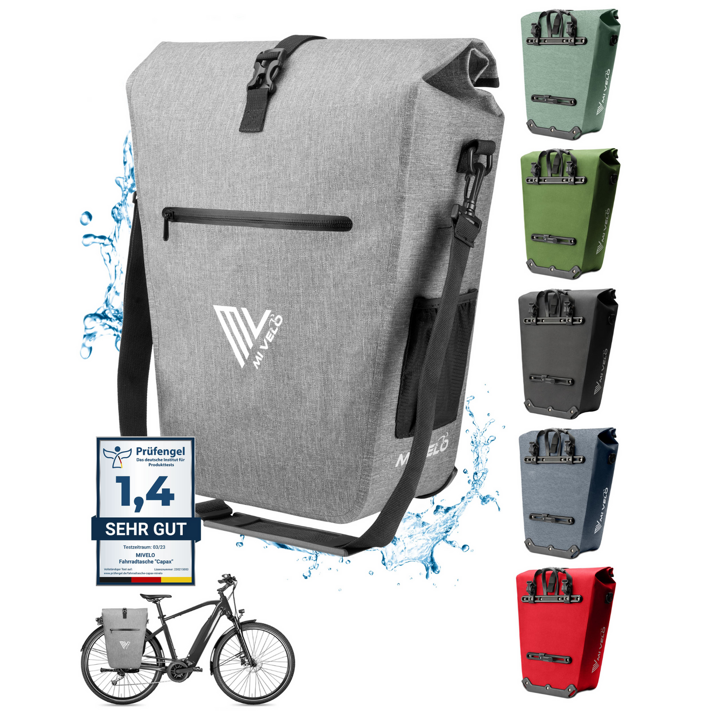 MIVELO Fietstas – Waterdicht – 25L – Met Laptopvak & Schouderriem – Grijs