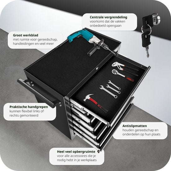tectake® - Gereedschapswagen met 7 lades - zwart - 402800