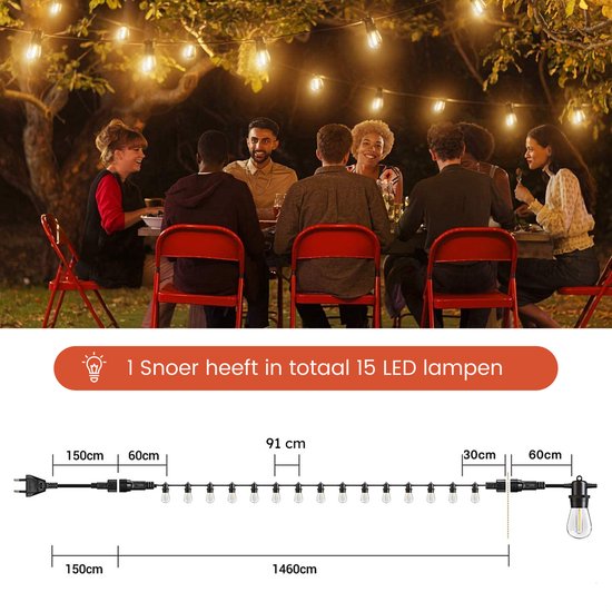 Partizzle 15m LED Lichtsnoer voor Buiten - Terras en Camping Tuinverlichting - Kerst Lampjes Slinger - Kerstverlichting - Waterdicht Lichtslinger - 2700K / Warm Wit