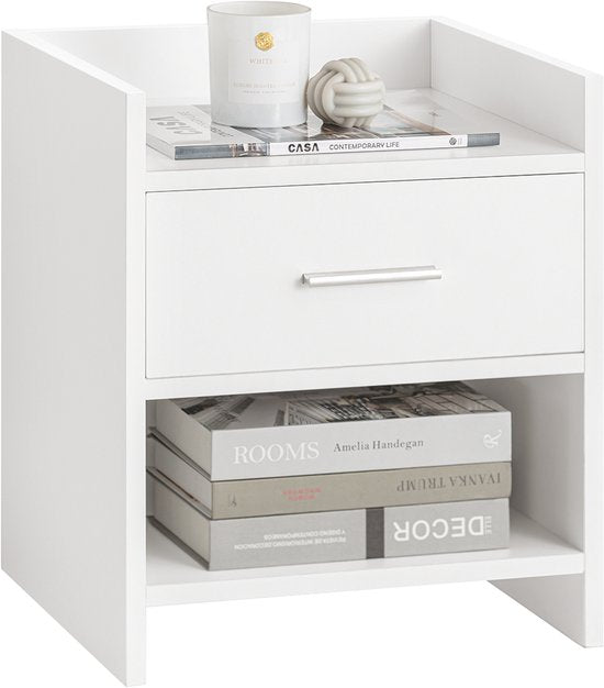 SoBuy FBT66-W Nachtkastje Wit – Bijzettafel met Lade en 2 Planken – Veelzijdig Salontafel voor Slaapkamer, Woonkamer & Hal – MDF