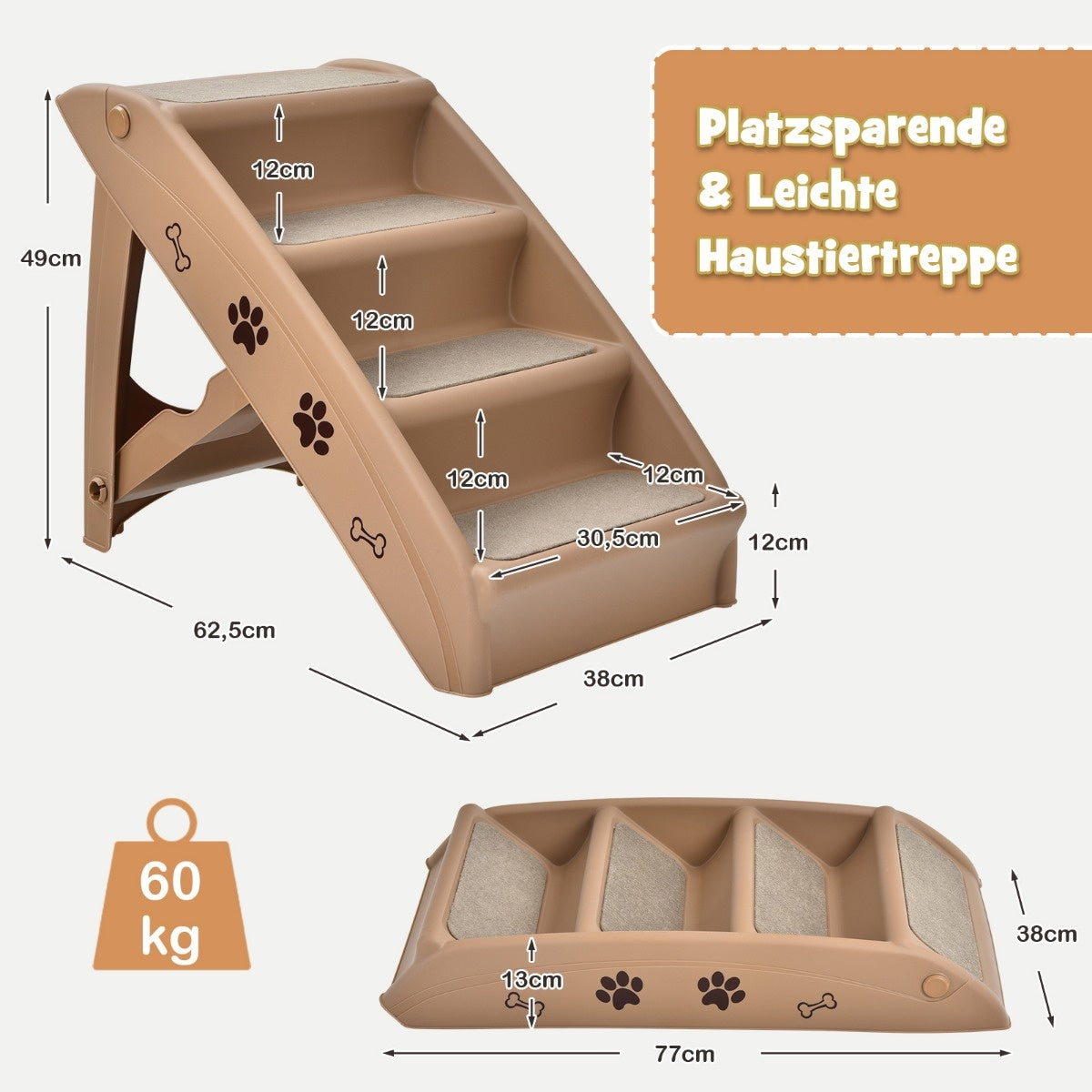 Coast Pet trappen met 4 stappen draagbare klimladder veilig honderd helling 62,5 x 38 x 49 cm bruin