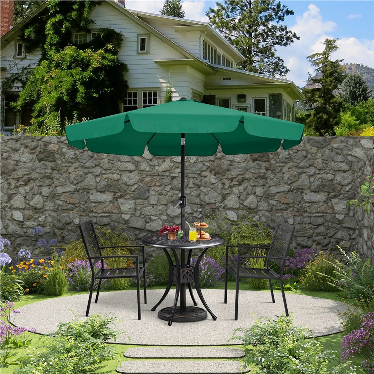 Tuinparasol met Volant Ø267,5 cm Kantelbaar met 8 Baleinen en Ventilatieopening Donkergroen